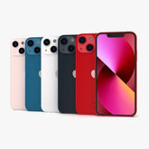 Row of Apple iPhone 13 in various colors on a white background.