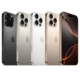 Five Apple iPhones in different colors on a white background. Front and back view of the Apple iPhone 16 Pro Max, showcasing the massive Super Retina XDR display with ultra-thin bezels and the premium matte glass back paired with a titanium frame.