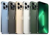 Row of smartphones iphone 13 pro in various colors with a green screen display with white background.