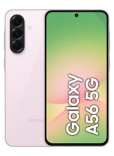 Samsung Galaxy A56 5G phone with gradient screen on a white background. Front and back view of the Samsung Galaxy A56 5G Dual SIM smartphone, showcasing the vibrant Infinity-O AMOLED display with slim bezels and a premium glossy glass rear panel.