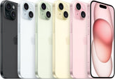 Row of iPhone 15 models in various colors on a white background. Front and back view of the Apple iPhone 15, showcasing the innovative Dynamic Island display on the front and the premium color-infused matte glass back finish.