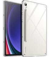 Samsung tablet with a clear case on a white background. Front view of Samsung Galaxy Tab S9 5G 11-inch tablet with an active vibrant home screen, showing the matching S Pen stylus resting on top of the screen.