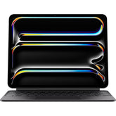 Laptop with a reflective black surface and colorful reflections on a white background. Front and back view of the ultra-thin 11-inch Apple iPad Pro with M4 chip Wi-Fi + Cellular model, showcasing its advanced Tandem OLED display and premium aluminum unibody design on a white background.