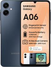 Front and back view of the Samsung Galaxy A06 5G, showcasing the large immersive teardrop notch display and the modern patterned rear panel with a sleek glossy finish.
