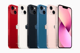 Row of smartphones in various colors on a white background. Front and back view of the compact Apple iPhone 13 Mini, showcasing the bright Super Retina XDR display with a smaller notch and the sleek glossy glass back panel.
