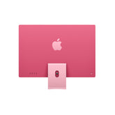 Pink Apple device with logo on a white background. Rear view of the 24-inch Apple iMac M3 showcasing its vibrant aluminum back panel, large glossy Apple logo, power button, and Thunderbolt ports.