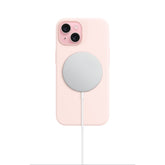 Mag-Safe Pink phone case with a gray magnetic charging pad on a white background