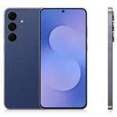 Front and back view of the Samsung Galaxy S25 FE smartphone, showcasing the large flat display with centered punch-hole camera and the clean matte-finish rear panel with floating camera rings.