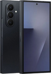 Black smartphone with a carbon fiber texture on the back. Front view of the fully unfolded Samsung Galaxy Tri-Fold smartphone, showcasing the massive, seamless triple-folding flexible AMOLED display in tablet mode with ultra-thin bezels.