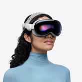 A person wearing Apple Vision Pro spatial computer headset against a clean white background. Apple Vision Pro Spatial Computer 4K