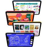 Multiple tablets displaying different screens on a white background. Side profile view of the ultra-slim 11-inch Apple iPad Air M3 Wi-Fi tablet, showing the magnetic charging strip for Apple Pencil on its premium aluminum edge.