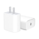 White power adapter with USB-C cable on a white background. Front angled view of the original Apple 20W USB-C power adapter with a 2-pin plug design, featuring a compact white glossy unibody casing on a clean background.