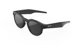 Black sunglasses with a white background Side profile of Oakley HSTN smart glasses, highlighting the open-ear audio stem, touch controls, and front camera bezel.
