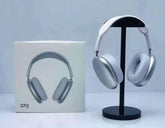 Front-facing view of Echo-Wave P9 wireless headphones, showcasing the symmetrical mesh headband design, rectangular ear cups, and sleek metallic arm extensions.