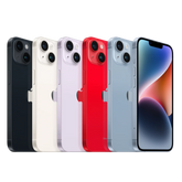 Studio combo view of a factory unlocked, pre-owned iPhone 14 in mint condition, displaying the immaculate ceramic shield front glass, flat aluminum side rails, and scuff-free rear panel.