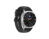 Smartwatch with black leather strap and detailed face on a white background