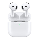 White wireless earbuds with charging case on a white background. Front view of the open Apple Air-Pods 4th Generation true wireless earbuds charging case, showcasing the redesigned glossy white open-ear earbuds on a clean white background.