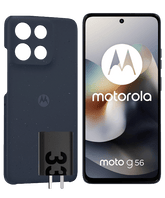 Front and back combo view of Motorola Moto G56 5G, displaying the crisp 120Hz FHD+ screen alongside its sleek, modern chassis and rear camera layout.