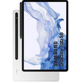Front and back view of Samsung Galaxy Tab S8+ 5G tablet featuring a 12.4-inch 120Hz Super AMOLED display and a premium aluminum chassis on a white background.