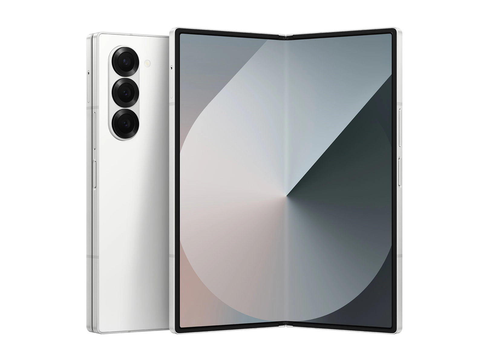 Combo view of Galaxy Z Fold 6, displaying the expansive, matte-finish inner folding screen alongside its compact, squared-off outer chassis and rear panel.