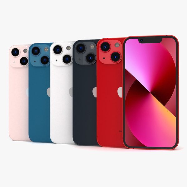 Row of Apple iPhone 13 in various colors on a white background. 