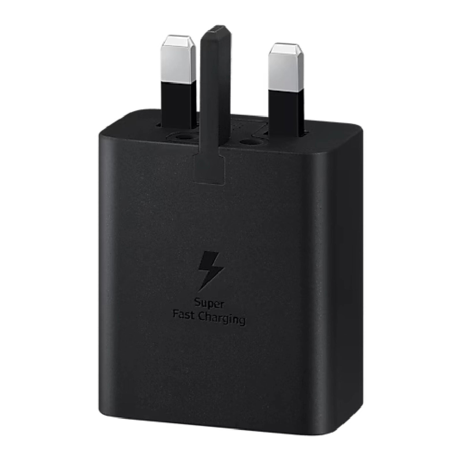 Straight-on front view of a Samsung 45W fast charger, highlighting the debossed Super Fast Charging logo and the clean alignment of the wall prongs behind it.