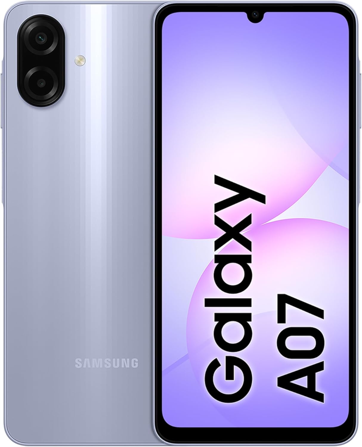 Samsung Galaxy A07 smartphone showing front and back on a white background