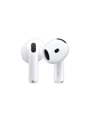 Front view of the open Apple Air-Pods 4 with Active Noise Cancellation charging case, showcasing the redesigned open-ear wireless earbuds on a clean background.