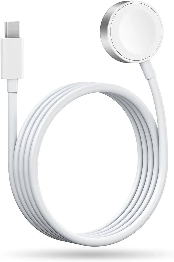 White charging cable with a round connector on a white background