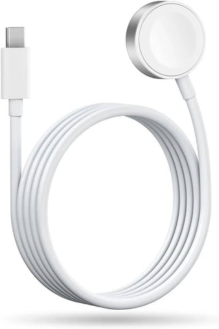 White charging cable with a round connector on a white background