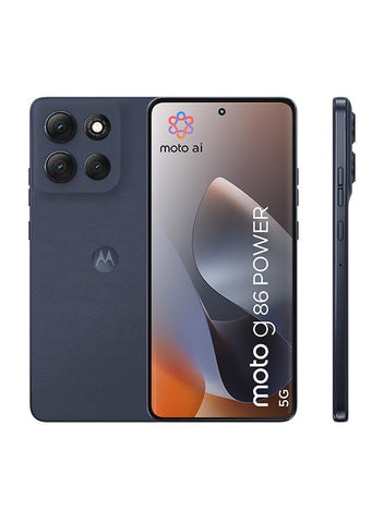 Product line-up view of Motorola Moto G86 Power 5G from front, back, and left side, showing the 6.67-inch OLED screen, rear camera layout, and clean side profile.