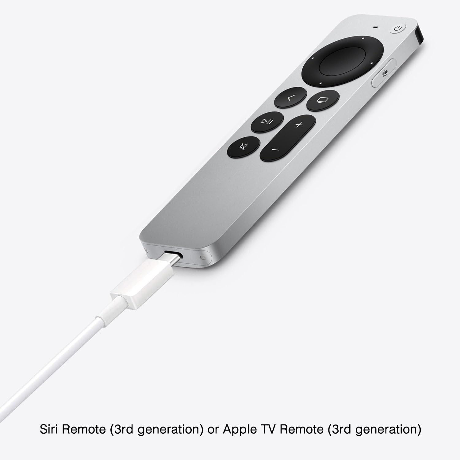Front view of the Apple Siri Remote 3rd Generation with USB-C, showcasing its premium silver aluminum body, touch-enabled clic-kpad, and black button layout on a white background.