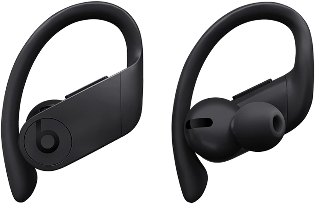Front profile of a single Power-beats Pro earbud, showcasing the iconic Beats 'b' logo and secure-fit ear-hook.