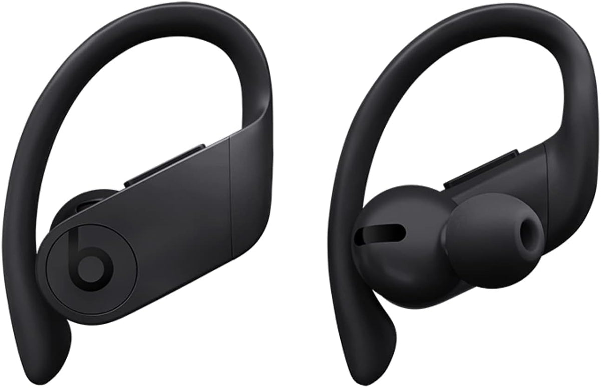 Front profile of a single Power-beats Pro earbud, showcasing the iconic Beats 'b' logo and secure-fit ear-hook.