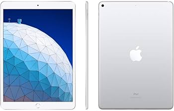 Apple iPad Air 3 with blue and white abstract design on screen. Front and back view of the 10.5-inch Apple iPad Air 3rd Generation 64GB Cellular model, featuring a Retina display with thin side bezels and a premium aluminum enclosure on a white background.