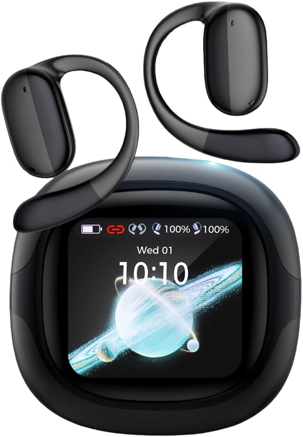 Front-facing view of smart translator earbuds resting outside their case, highlighting the circular touch-control surfaces and the sleek digital case screen.