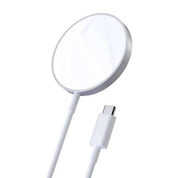 Apple Mag-Safe charging White circular device with a USB-C connector on a white background
