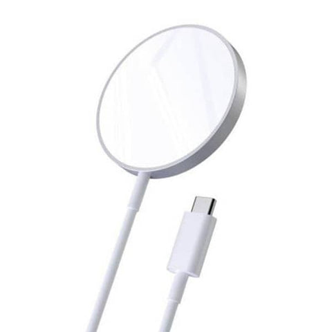 Apple Mag-Safe charging White circular device with a USB-C connector on a white background