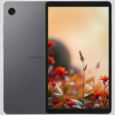 Samsung tablet with a scenic display of flowers and mountains