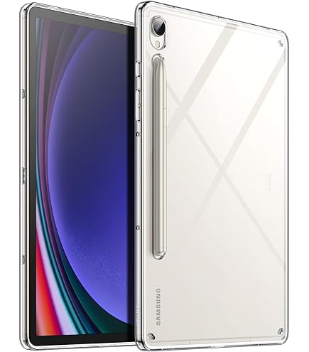 Samsung tablet with a clear case on a white background. Front view of Samsung Galaxy Tab S9 5G 11-inch tablet with an active vibrant home screen, showing the matching S Pen stylus resting on top of the screen.