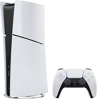 A white PlayStation 5 console standing vertically next to a matching white and black DualSense wireless controller on a plain white background.