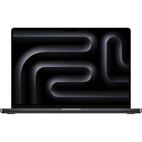 Front view of open Apple MacBook Pro 16-inch with M5 Max chip, featuring a brilliant Liquid Retina XDR display and Space Black finish on a white background.