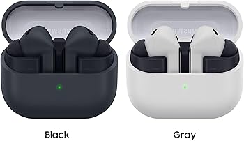 Samsung Galaxy Buds FE-True Earbuds. Black and gray wireless earbuds with charging cases on a white background