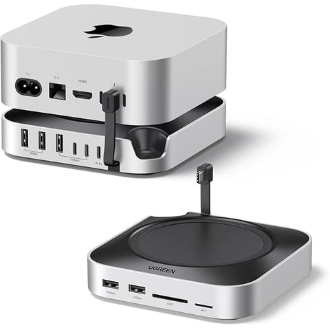 Two docking stations with multiple ports on a white background. Front view of the redesigned ultra-compact Apple Mac mini with M4 chip, showcasing two front-facing USB-C ports, a headphone jack, and a sleek silver aluminum enclosure on a white background.