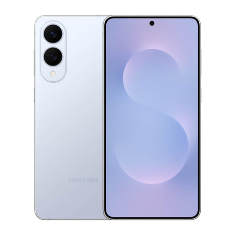 Samsung smartphone showing front and back on a white background. Front and back view of the Samsung Galaxy S25 Edge, showcasing the immersive edge-to-edge curved AMOLED display and a minimalist satin-finish rear glass panel on a clean background.