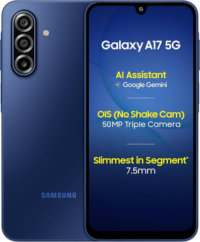 Samsung Galaxy A17 5G phone showing front and back with key features on screen