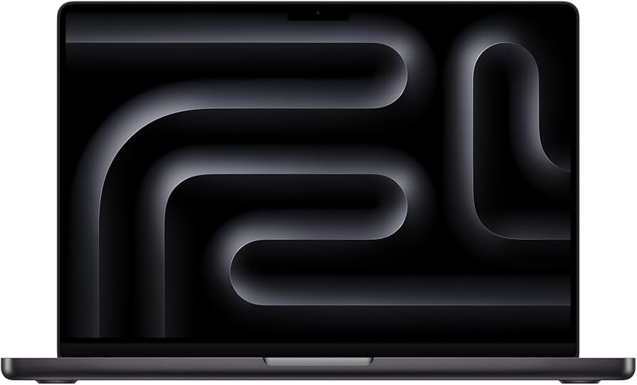 Black laptop with abstract design on the screen. Front view of the open Apple MacBook Pro 16.2-inch featuring the powerful M5 Pro chip, showcasing its vibrant Liquid Retina XDR display with slim bezels and a notch on a white background.