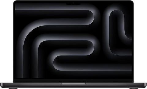 Black laptop with abstract design on the screen. Front view of the open Apple MacBook Pro 16.2-inch featuring the powerful M5 Pro chip, showcasing its vibrant Liquid Retina XDR display with slim bezels and a notch on a white background.