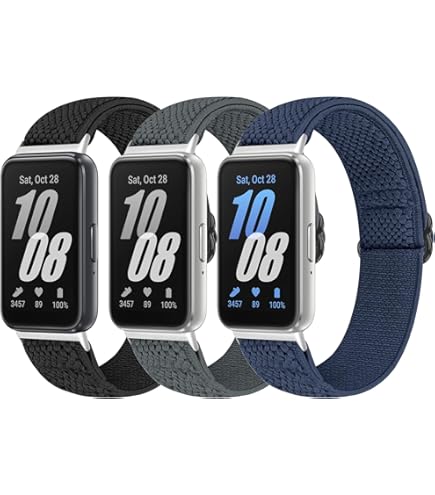 Samsung Galaxy Fit 3-AMOLED Fitness Tracker. Three smartwatches with different colored straps on a white background