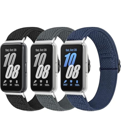 Samsung Galaxy Fit 3-AMOLED Fitness Tracker. Three smartwatches with different colored straps on a white background